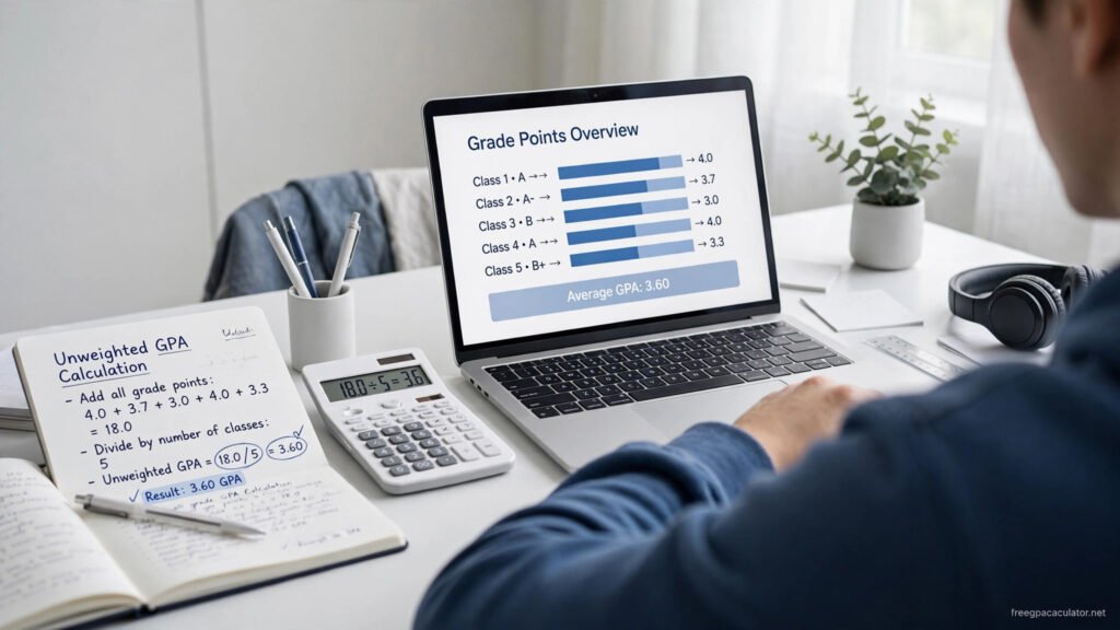 Student at desk learning how to calculate unweighted GPA on the 4.0 scale