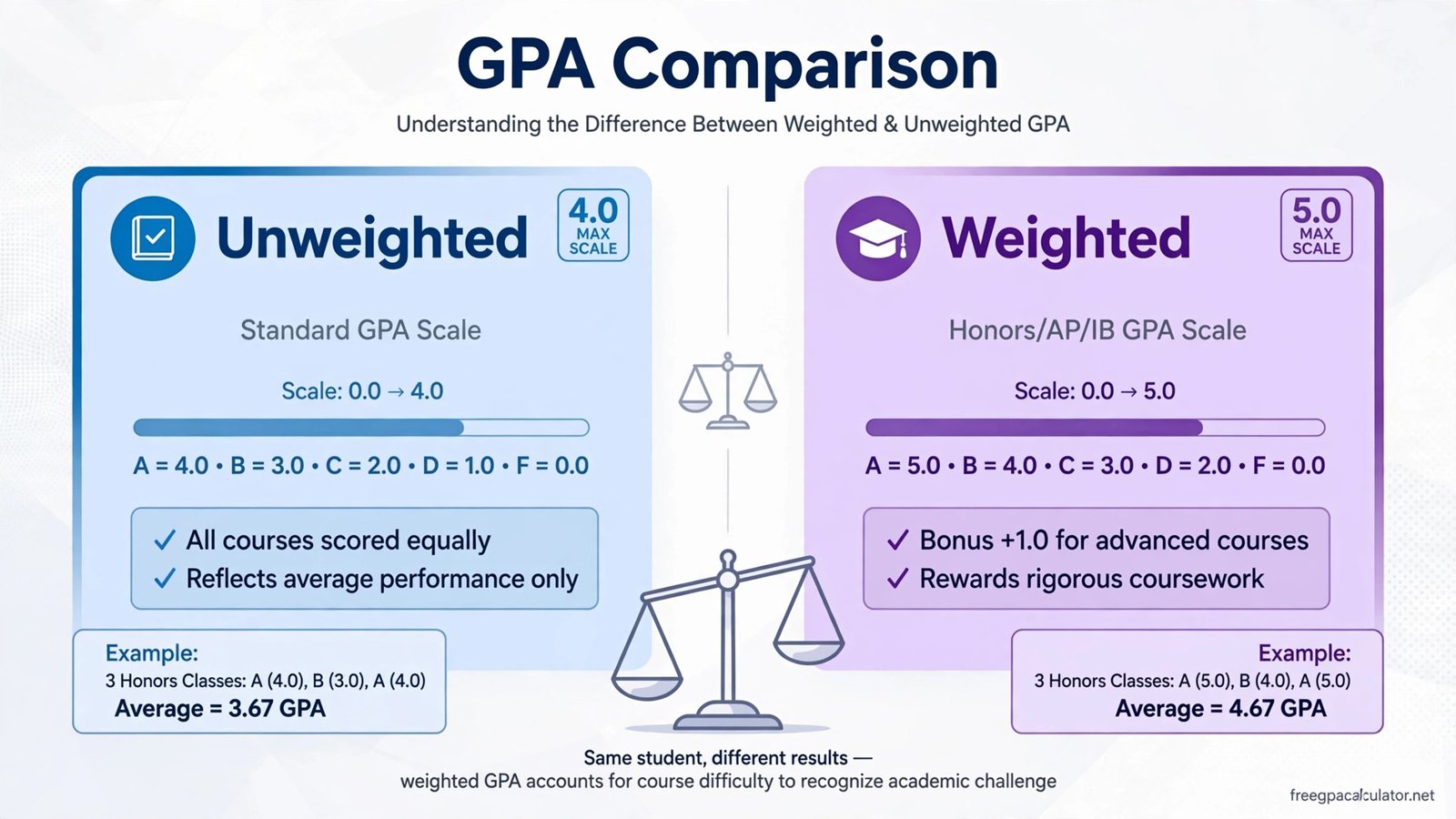 Comparison of weighted vs unweighted GPA scales